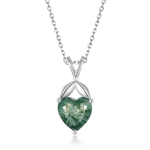925 Sterling Silver Heart Moss Agate Pendant Necklace Natural Green Stone Fashion Jewelry For Women Anniversary Gift