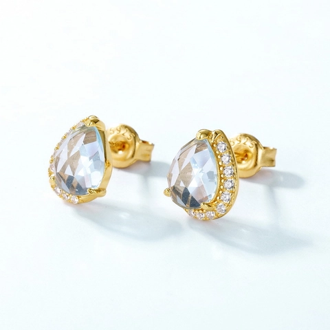 925 Sterling Silver Waterdrop Stud Earrings For Women Light Blue Topaz Gold Plated Rhinestone Elegant Modern Jewelry Gift