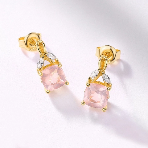 S925 Sterlingsilber Rosa Kristall Ohrstecker Für Damen Retro Geometrischer Rosenquarz Zirkonia Vergoldeter Modeschmuck