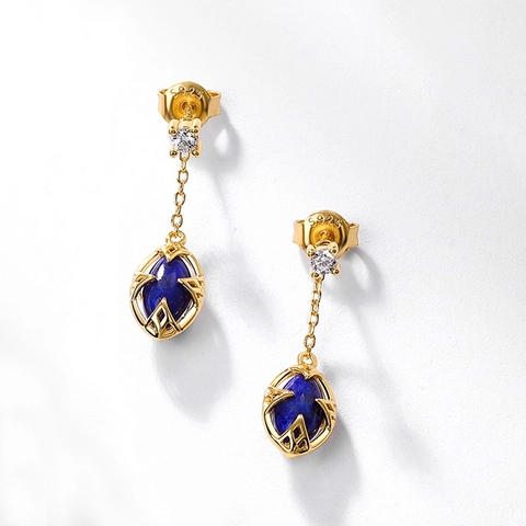 925 Sterling Silver Gold Plated Lapis Lazuli White Crystal Long Dangle Earrings Vintage Geometric Marquise Drop Earrings Women Jewelry