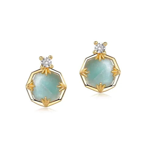 925 Sterling Silver Geometric Hexagon Stud Earrings Gold Plated Amazonite And White Crystal Gemstone Jewelry For Women