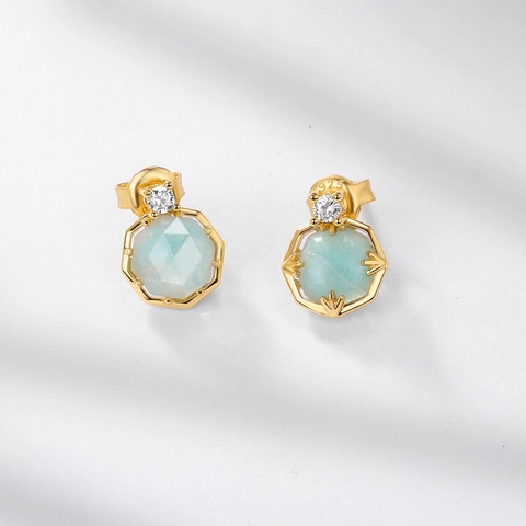 925 Sterling Silver Geometric Hexagon Stud Earrings Gold Plated Amazonite And White Crystal Gemstone Jewelry For Women