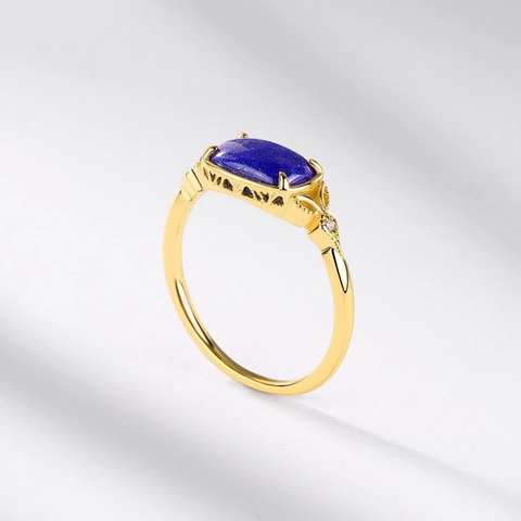 Vintage 925 Sterling Silver Ring For Women Natural Lapis Lazuli Gemstone Rectangle Gold Plated Hollow Finger Ring Jewelry