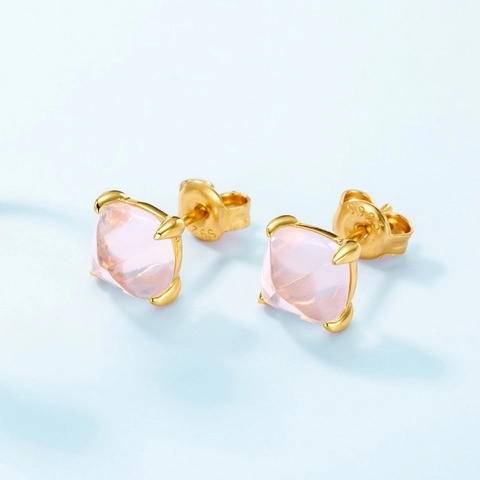 Pendientes de Botón Minimalistas de Plata de Ley 925 con Cuarzo Rosa Cuadrado Pan de Azúcar Joyería Chapada en Oro 10K Mujer