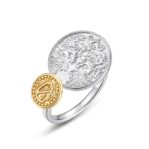 Anillo de Moneda de Plata de Ley S925 Vintage para Mujer Estilo Japonés Bicolor Chapado en Oro Anillo Abierto Ajustable