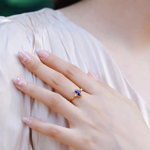 Vintage 925 Sterling Silver Lapis Lazuli Ring For Women 10K Gold Plated Marquise Blue Gemstone White Crystal Finger Ring Jewelry