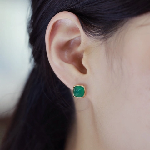 Vintage 925 Sterling Silver Green Agate Sugar Tower Stud Earrings Gold Plated Geometric Square Gemstone Earrings For Women