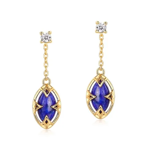 925 Sterling Silver Gold Plated Lapis Lazuli White Crystal Long Dangle Earrings Vintage Geometric Marquise Drop Earrings Women Jewelry