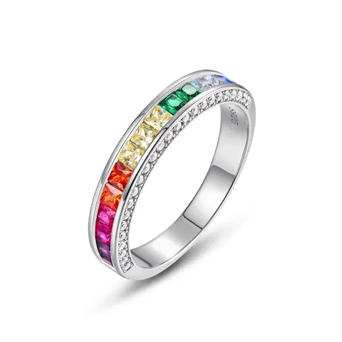 925 Sterling Silver Rainbow Zirconia Ring Gradient Colorful Pave Micro Inlaid Geometric Finger Ring For Women Jewelry