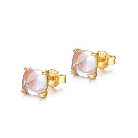Pendientes de Botón Minimalistas de Plata de Ley 925 con Cuarzo Rosa Cuadrado Pan de Azúcar Joyería Chapada en Oro 10K Mujer