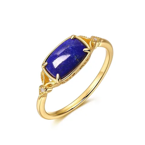 Vintage 925 Sterling Silver Ring For Women Natural Lapis Lazuli Gemstone Rectangle Gold Plated Hollow Finger Ring Jewelry