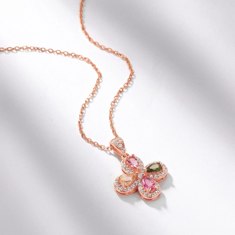 925 Sterling Zilveren Klavertje Toermalijn Halsketting Voor Dames Rozegoud Verguld Bloem Hanger Ketting Met Strass Sieraden