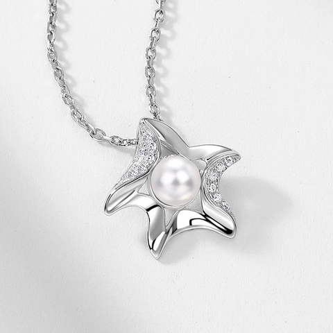 Collana con Ciondolo a Stella Marina in Argento Sterling 925 per Donna Perla Artificiale Zirconia Intarsiata Regalo
