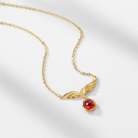925 Sterling Silver Natural Red Garnet Zirconia Angel Wings Pendant Necklace For Women Elegant 10K Gold Plated Jewelry Gift
