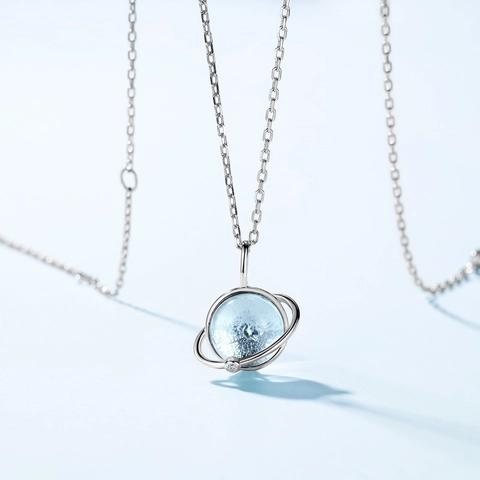 S925 Sterling Silver Sky Blue Topaz Planet Pendant Necklace Minimalist Universe Saturn Chain For Women Jewelry Gift
