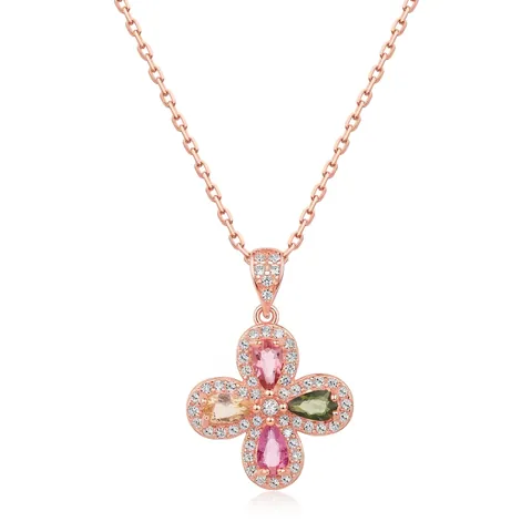 925 Sterling Zilveren Klavertje Toermalijn Halsketting Voor Dames Rozegoud Verguld Bloem Hanger Ketting Met Strass Sieraden
