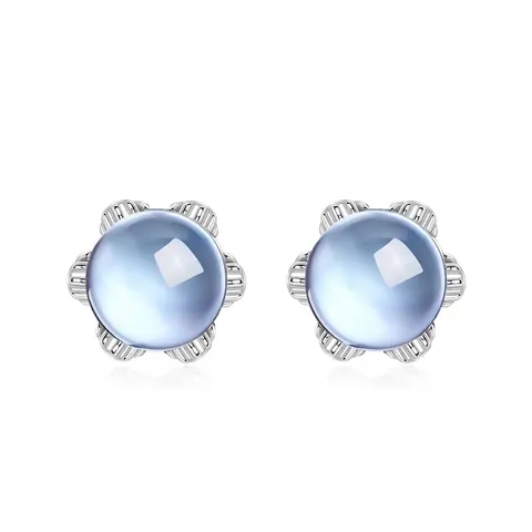 Orecchini a Bottone a Fiore in Argento Sterling 925 Minimalista Con Pietra Preziosa Topazio Celeste Gioielli Donna
