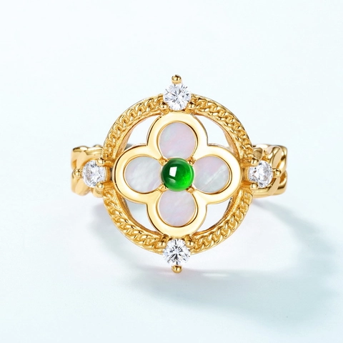 Anello a Quadrifoglio in Argento Sterling 925 Placcato Oro Vintage per Donna Stile Palazzo Giadeite Conchiglia Bianca Intarsiato Anello Aperto Regolabile Gioielli di Lusso