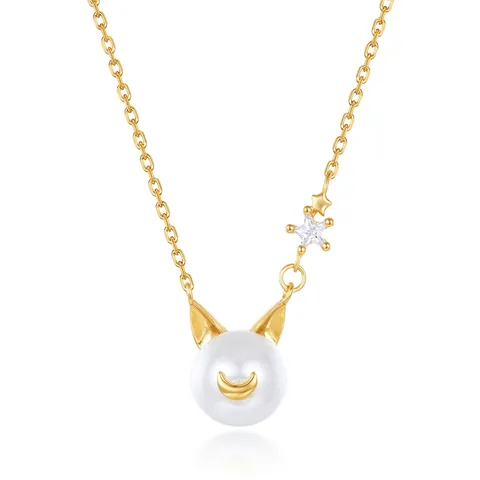Cute Cat Luna Moon Pendant Necklace 925 Sterling Silver Artificial Pearl Rhinestone Moon Star Gold Plated Jewelry Gift