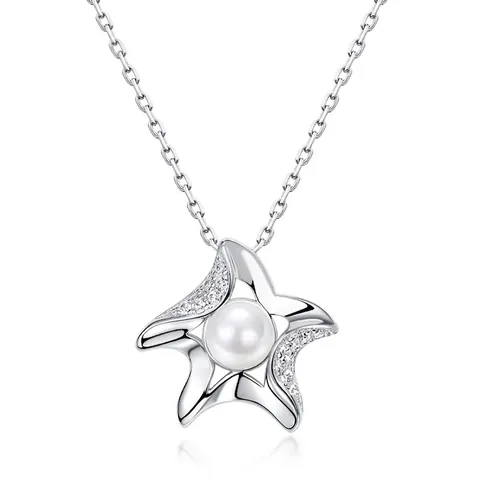Collana con Ciondolo a Stella Marina in Argento Sterling 925 per Donna Perla Artificiale Zirconia Intarsiata Regalo