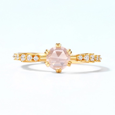 S925 Sterlingsilber Natürlicher Rosenquarz Offener Ring Rosenschliff Zirkonia Vergoldet Verstellbarer Damen Modeschmuck Geschenk