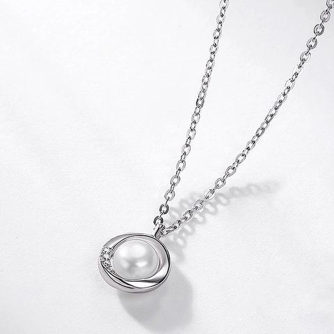 Collana in Argento Sterling 925 con Perla d'Acqua Dolce da Donna Elegante Pendente Circolare in Zirconia Catena a Maglia Gioielli Regalo