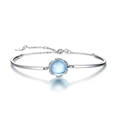 Bracciale in Argento Sterling S925 Con Topazio Celeste per Donna Gioiello di Moda Geometrico Minimalista di Lusso Leggero