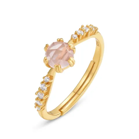 S925 Sterlingsilber Natürlicher Rosenquarz Offener Ring Rosenschliff Zirkonia Vergoldet Verstellbarer Damen Modeschmuck Geschenk