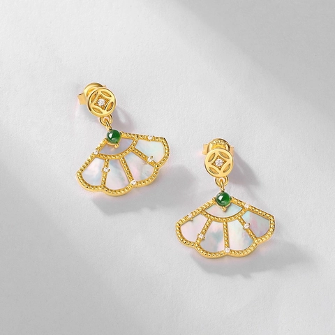 Neu Chinesischer Stil Fächer Ohrstecker 925 Sterlingsilber Vergoldet Perlmutt Smaragd Zirkonia Schmuck Für Damen
