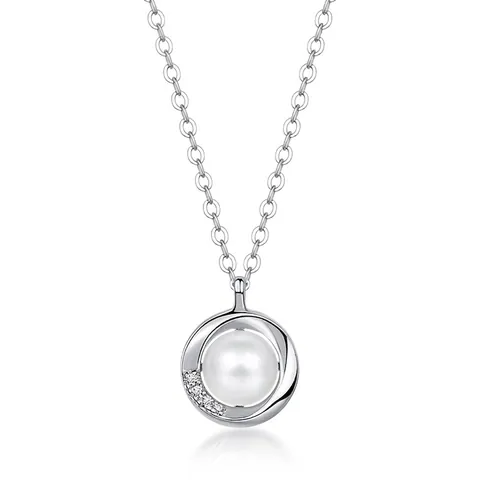Collana in Argento Sterling 925 con Perla d'Acqua Dolce da Donna Elegante Pendente Circolare in Zirconia Catena a Maglia Gioielli Regalo