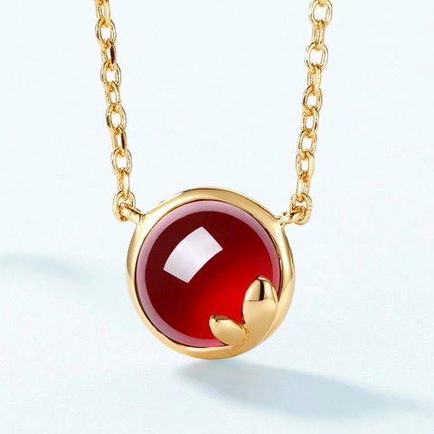 Japanese Luxury Natural Garnet Pendant Necklace 925 Sterling Silver 10K Gold Plated Red Gemstone Round Leaf Jewelry For Women