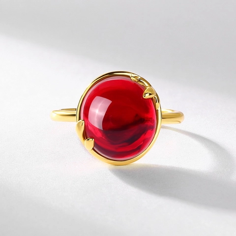 Minimalistischer 925 Sterlingsilber Ring Natürlicher Roter Granat Verstellbarer Offener Fingerring 10K Vergoldet Schmuck Damen