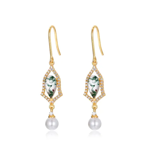 Pendientes Colgantes Elegantes de Plata de Ley 925 Ágata Musgo Perla Artificial Oro Plateado Strass Pendientes para Mujer