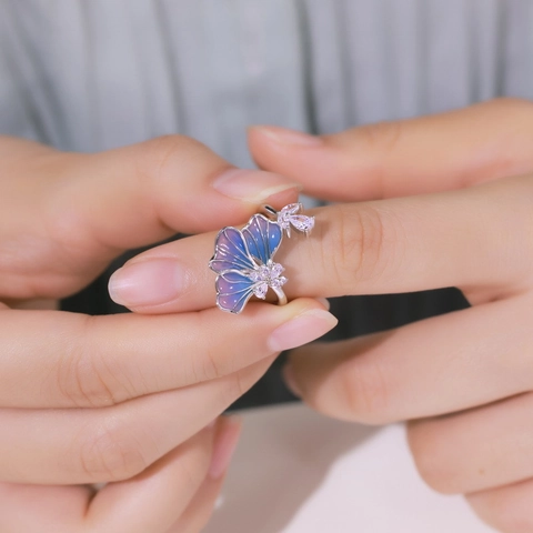 925 Sterlingsilber Blauer Farbverlauf Emaille Blütenblatt Ring Für Damen Verstellbar Offen Ginkgo Blatt Zirkonia Eingelegt