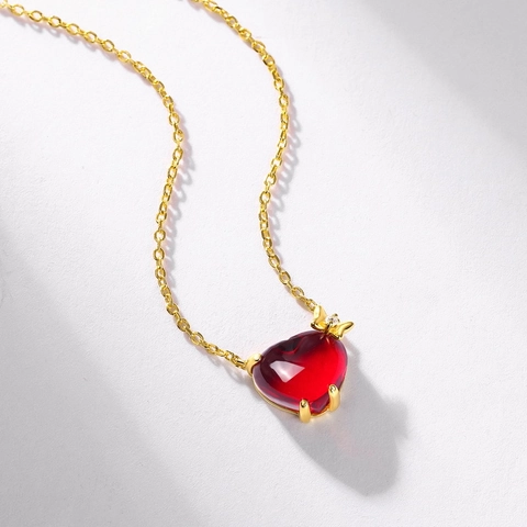 925 Sterling Silver Red Heart Pendant Necklace With Butterfly Detail Gold Plated Glass Stone Jewelry For Women Valentine Gift