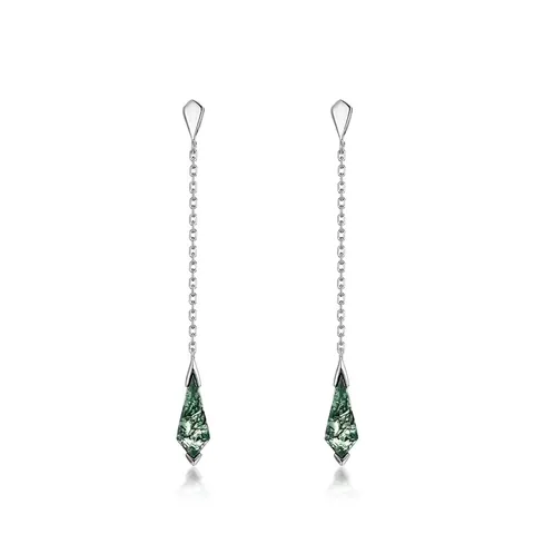925 Sterlingsilber Geometrische Drachenschliff Grüne Moosachat Lange Kette Ohrstecker Wald Stil Quasten Ohrringe Für Damen
