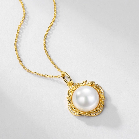 925 Sterling Silver Gold Plated Shell Artificial Pearl Pendant Necklace Zirconia Leaf Round Jewelry For Women Fashion Gift