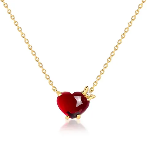 925 Sterling Silver Red Heart Pendant Necklace With Butterfly Detail Gold Plated Glass Stone Jewelry For Women Valentine Gift