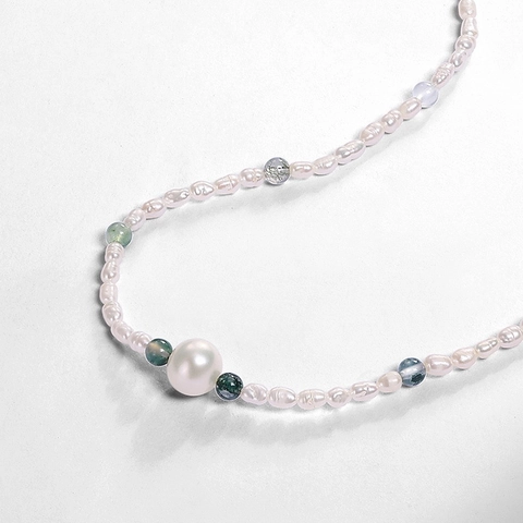 Vintage Elegant 925 Sterling Silver Freshwater Pearl Necklace For Women Moss Stone Beaded Clavicle Chain Jewelry Accessory