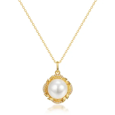 925 Sterling Silver Gold Plated Shell Artificial Pearl Pendant Necklace Zirconia Leaf Round Jewelry For Women Fashion Gift