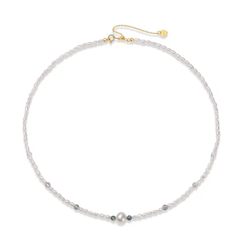 Vintage Elegant 925 Sterling Silver Freshwater Pearl Necklace For Women Moss Stone Beaded Clavicle Chain Jewelry Accessory
