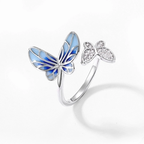 925 Sterling Silver Double Butterfly Open Ring Women Plique-à-jour Enamel Zirconia Inlaid Adjustable Finger Ring Jewelry