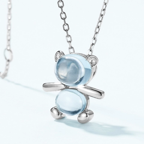 925 Sterling Silver Cute Bear Pendant Necklace For Women Natural Sky Blue Topaz Animal Shape Clavicle Chain Fashion Jewelry
