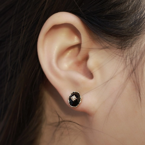 Vintage 925 Sterling Silver Black Agate Stud Earrings 10K Gold Plated Starburst Rhinestone Oval Retro Women Jewelry