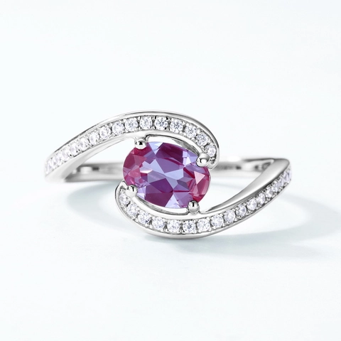 S925 Sterling Silver Alexandrite Ring Lab-Grown Oval Gemstone Bypass Wave Band Rhinestone Inlaid Fashion Jewelry For Women