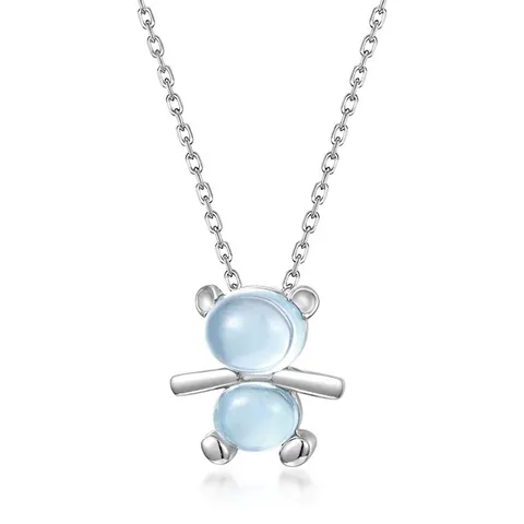 925 Sterling Silver Cute Bear Pendant Necklace For Women Natural Sky Blue Topaz Animal Shape Clavicle Chain Fashion Jewelry