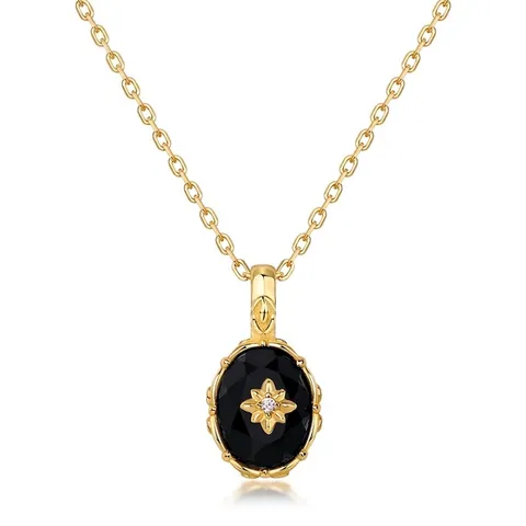 Vintage 925 Sterling Silver Gold Plated Oval Black Agate Pendant Necklace For Women Palace Style Rhinestone Jewelry Gift