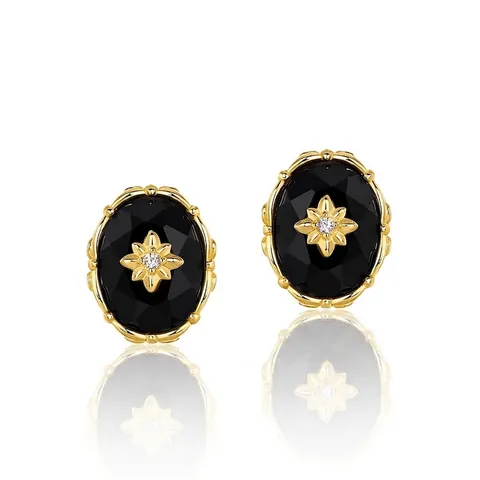 Vintage 925 Sterling Silver Black Agate Stud Earrings 10K Gold Plated Starburst Rhinestone Oval Retro Women Jewelry