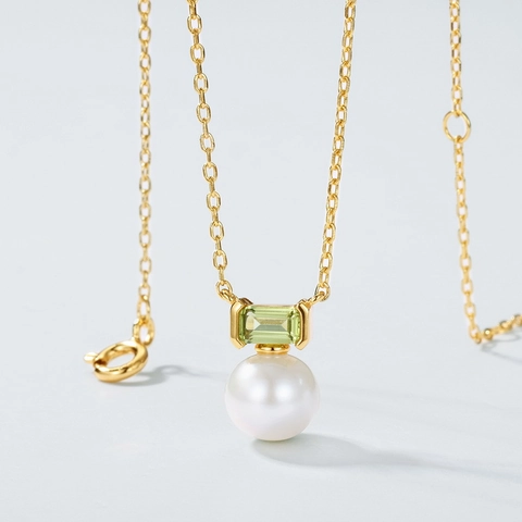 925 Sterling Silver Freshwater Pearl Necklace Gold Plated Rectangle Green Rhinestone Pendant Clavicle Chain Jewelry For Women