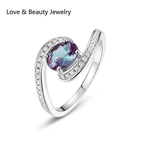 S925 Sterling Silver Alexandrite Ring Lab-Grown Oval Gemstone Bypass Wave Band Rhinestone Inlaid Fashion Jewelry For Women